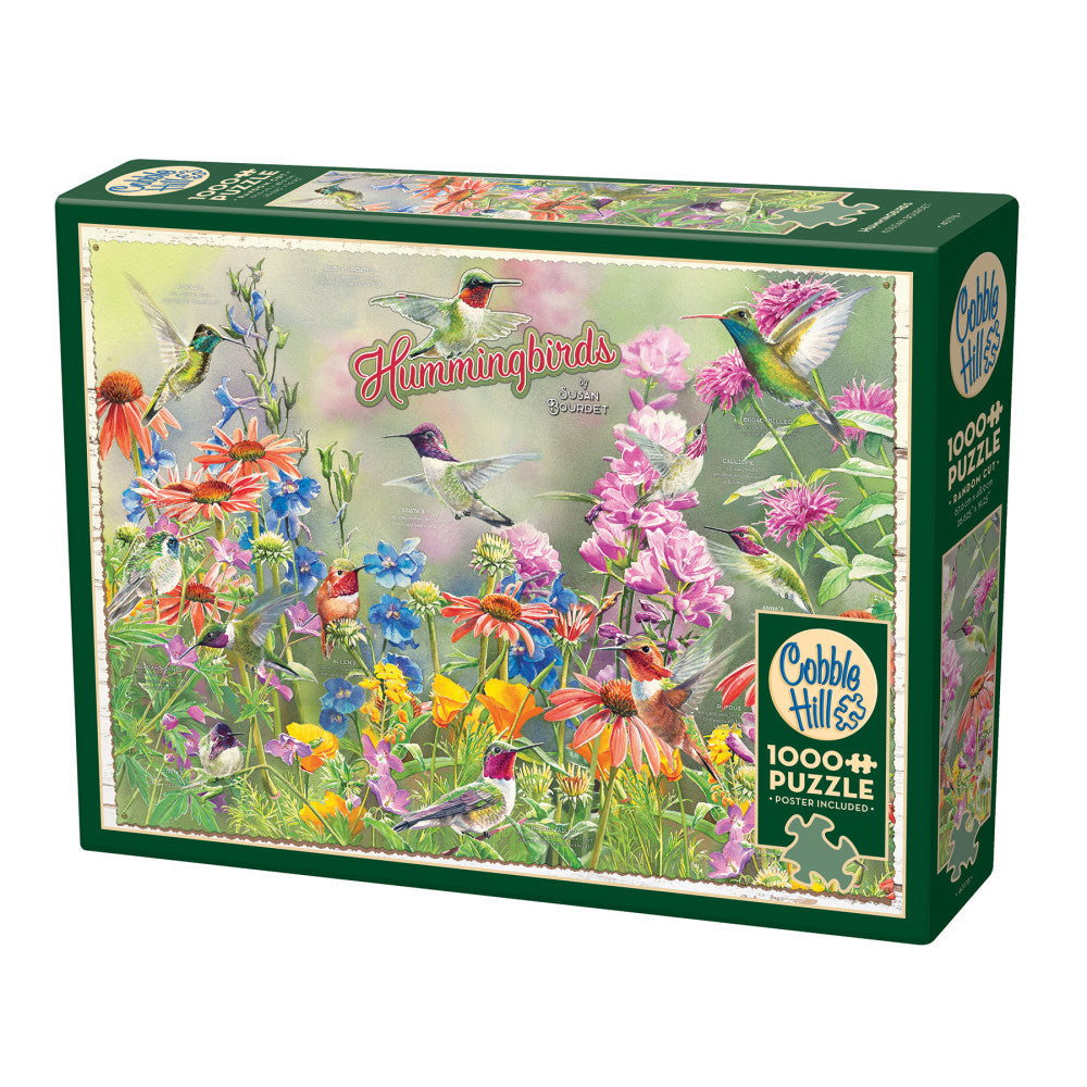 Cobble Hill 1000+ piece jigsaw puzzle box featuring hummingbirds among colorful flowers including pink, orange, blue, and yellow blooms