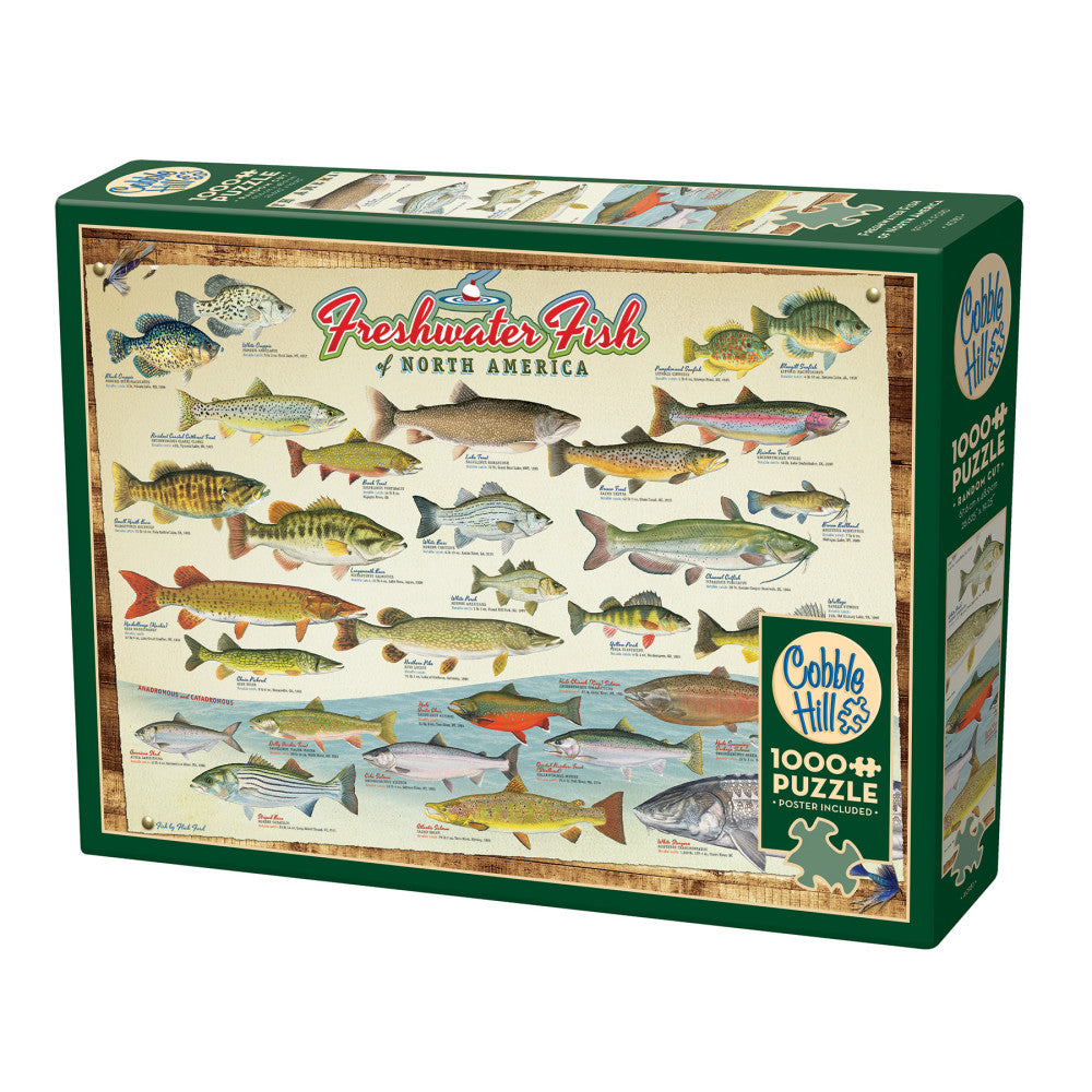 Cobble Hill 1000+ piece puzzle box featuring illustrated freshwater fish of North America with labeled species and included reference poster