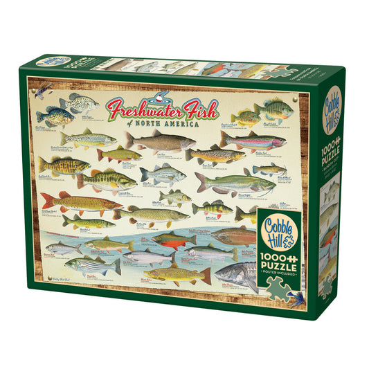 Cobble Hill 1000+ piece puzzle box featuring illustrated freshwater fish of North America with labeled species and included reference poster