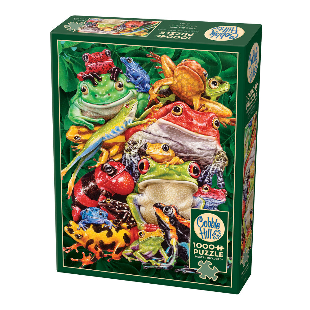 Cobble Hill Frog Business 1000-piece jigsaw puzzle box featuring colorful illustrated frogs in green foliage on dark green packaging