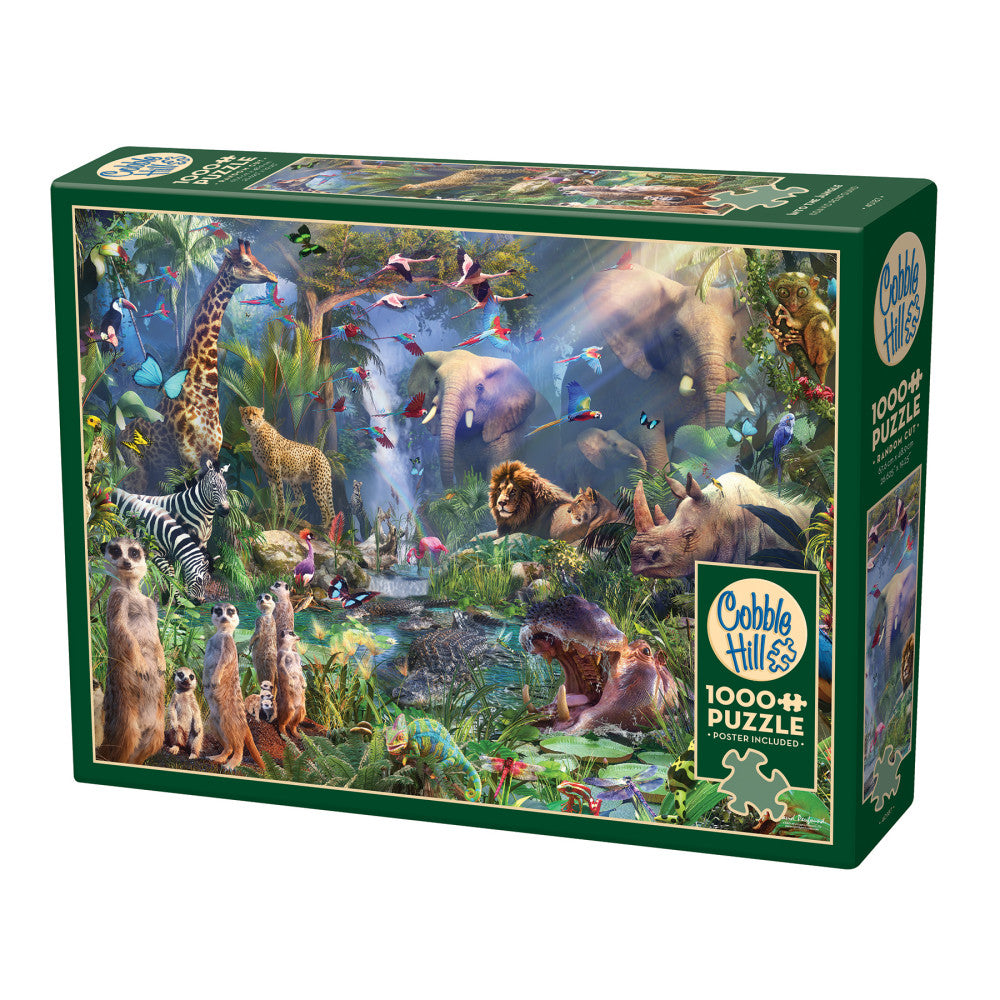 Cobble Hill Into the Jungle 1000-piece jigsaw puzzle box featuring wildlife including elephants, giraffes, zebras, meerkats, lions, and birds in a lush jungle s