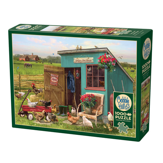 Cobble Hill The Happy Hen 1000-piece jigsaw puzzle box featuring a turquoise hen house with chickens, flowers, and a pastoral farm landscape