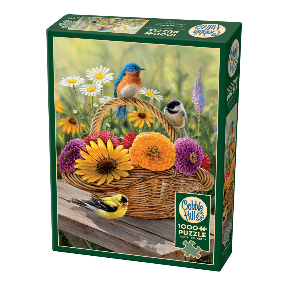 Cobble Hill 1000+ piece jigsaw puzzle box featuring illustrated birds and colorful flowers in a wicker basket on a wooden surface