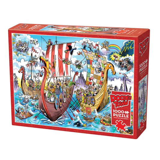 Cobble Hill DoodleTown Viking Voyage 1000-piece puzzle box featuring colorful illustrated Viking ships with crowds of cartoon characters in clouds and water