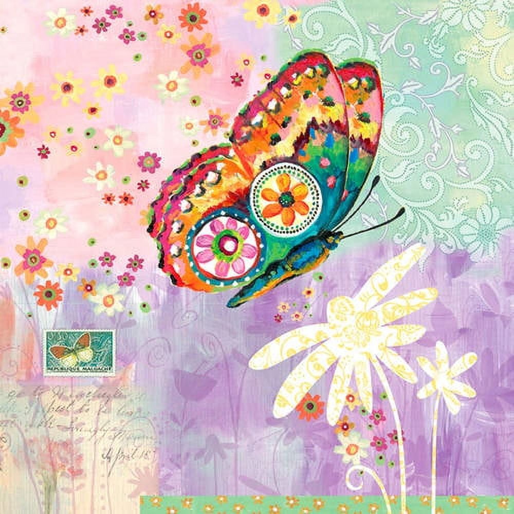 Colorful illustrated butterfly with patterned wings in red, orange, yellow, and blue, surrounded by small flowers and a white dragonfly on pastel pink, green, a