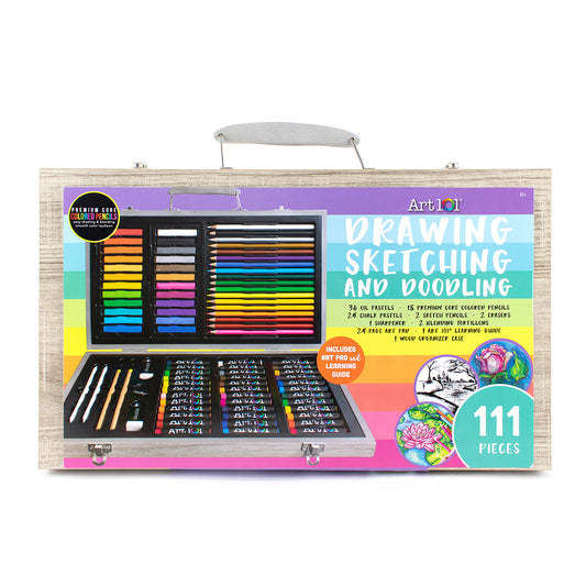Art 101 Drawing, Sketching and Doodling wood art set with 111 pieces including colored pencils, oil pastels, chalk pastels, and sketching tools displayed in ope