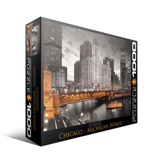 Eurographics 1000-piece jigsaw puzzle box featuring Chicago Michigan Avenue cityscape with illuminated bridge and skyscrapers at dusk