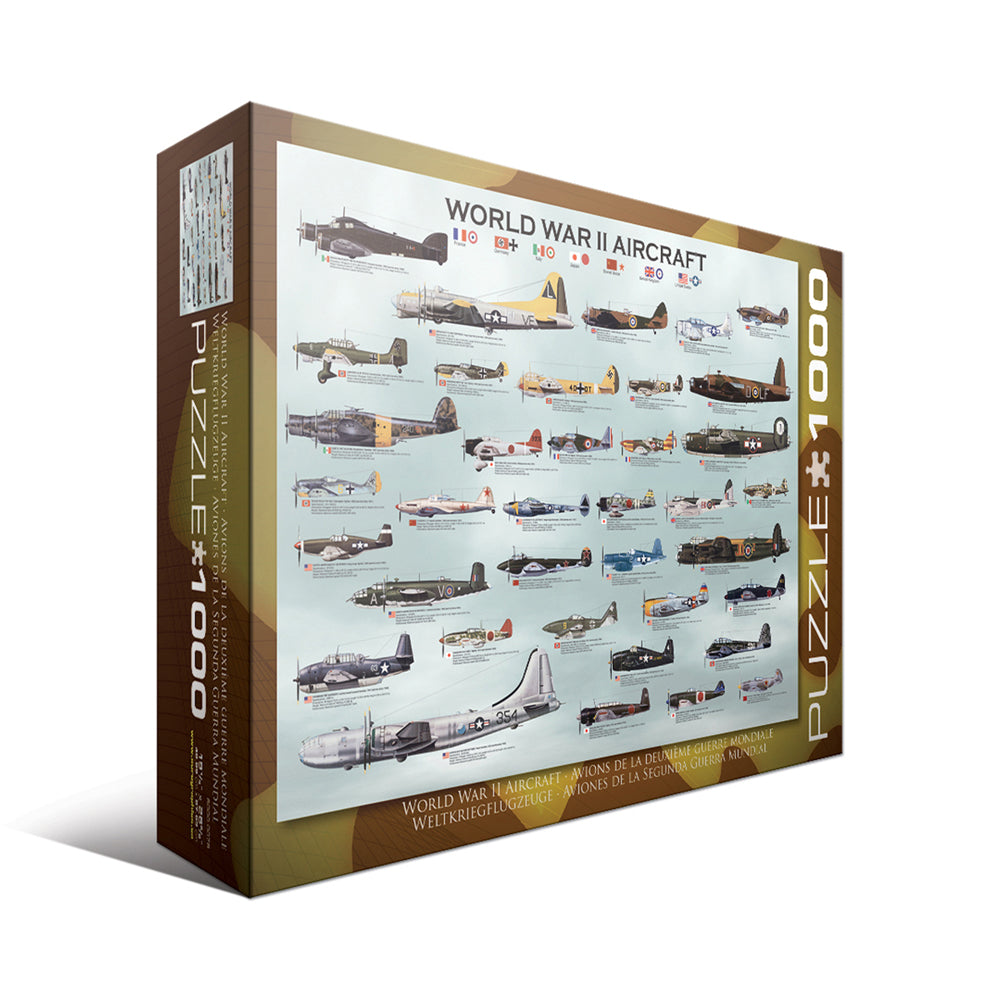 World War II Aircraft puzzle box showing 1000-piece jigsaw with illustrated military aircraft from WWII era arranged on light blue background