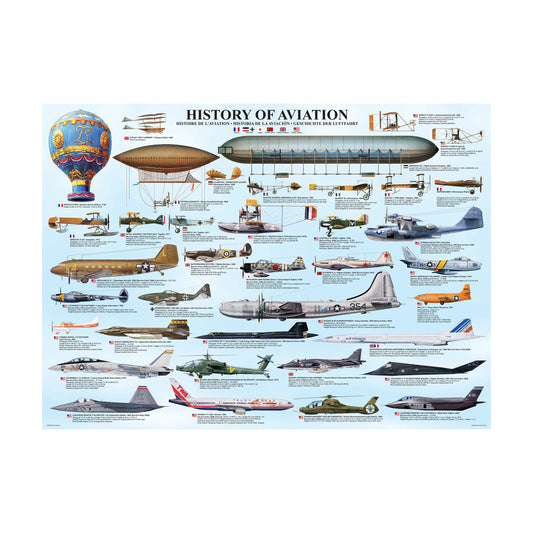 History of Aviation educational poster showing hot air balloons, airships, and military and commercial aircraft from various eras, with multilingual labels and