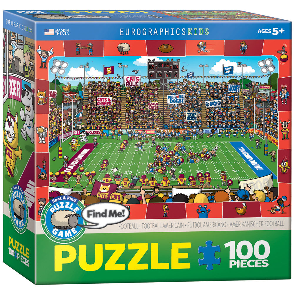Eurographics Spot & Find Football 100-piece jigsaw puzzle box showing a colorful football stadium scene with crowds of tiny characters, cats vs. dogs teams, and