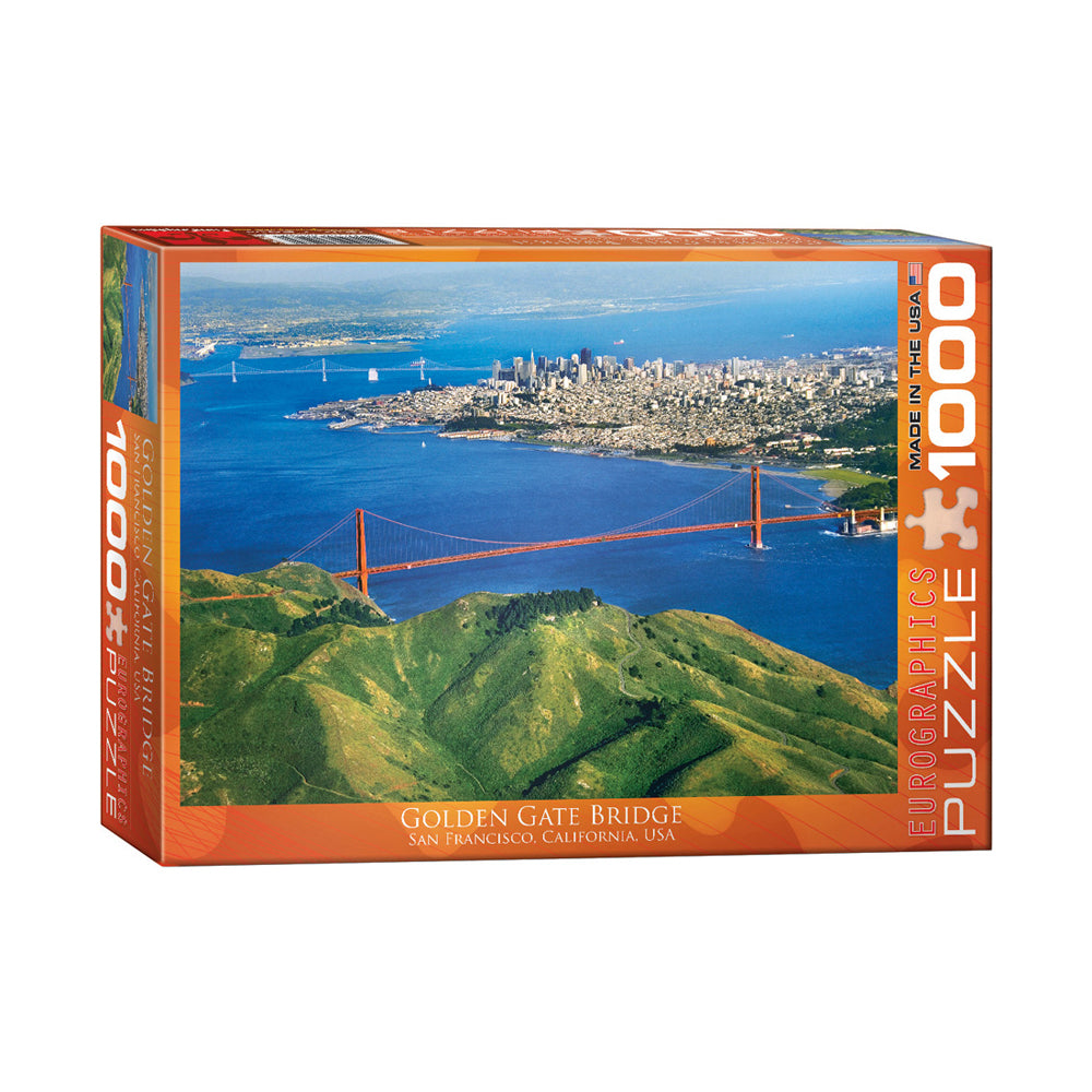 Eurographics Golden Gate Bridge 1000-piece jigsaw puzzle box showing aerial view of San Francisco Bay with Golden Gate Bridge, city skyline, and green hills