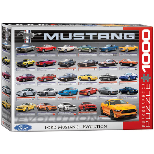 Ford Mustang Evolution 1000-piece puzzle box showing 25 Mustang models from 1964 to present day arranged in rows