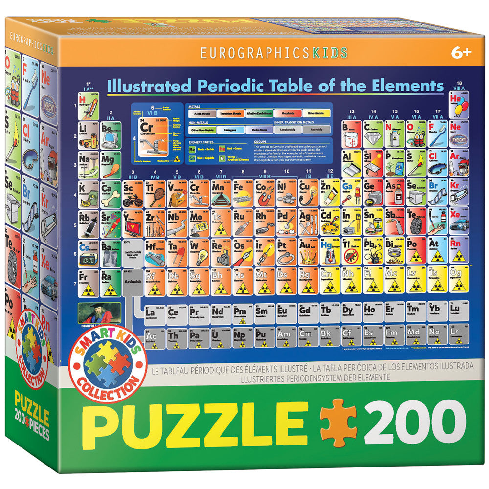 Eurographics Illustrated Periodic Table of the Elements 200-piece jigsaw puzzle box showing colorful grid of element cards with symbols, atomic numbers, and ill