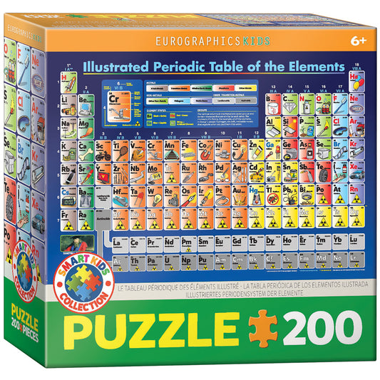 Eurographics Illustrated Periodic Table of the Elements 200-piece jigsaw puzzle box showing colorful grid of element cards with symbols, atomic numbers, and ill