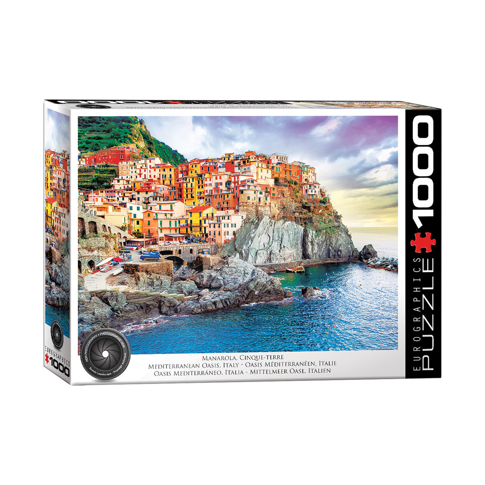 Eurographics 1000-piece jigsaw puzzle box featuring colorful waterfront village of Manarola, Cinque-Terre, Italy with rocky coastline and Mediterranean sea