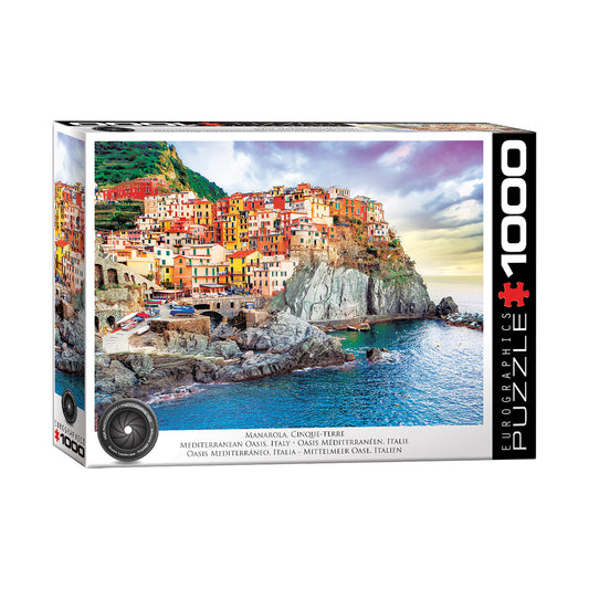 Eurographics 1000-piece jigsaw puzzle box featuring colorful waterfront village of Manarola, Cinque-Terre, Italy with rocky coastline and Mediterranean sea