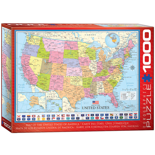1000-piece puzzle box featuring a colorful map of the United States with state boundaries, capitals, and flags of all 50 states at the bottom