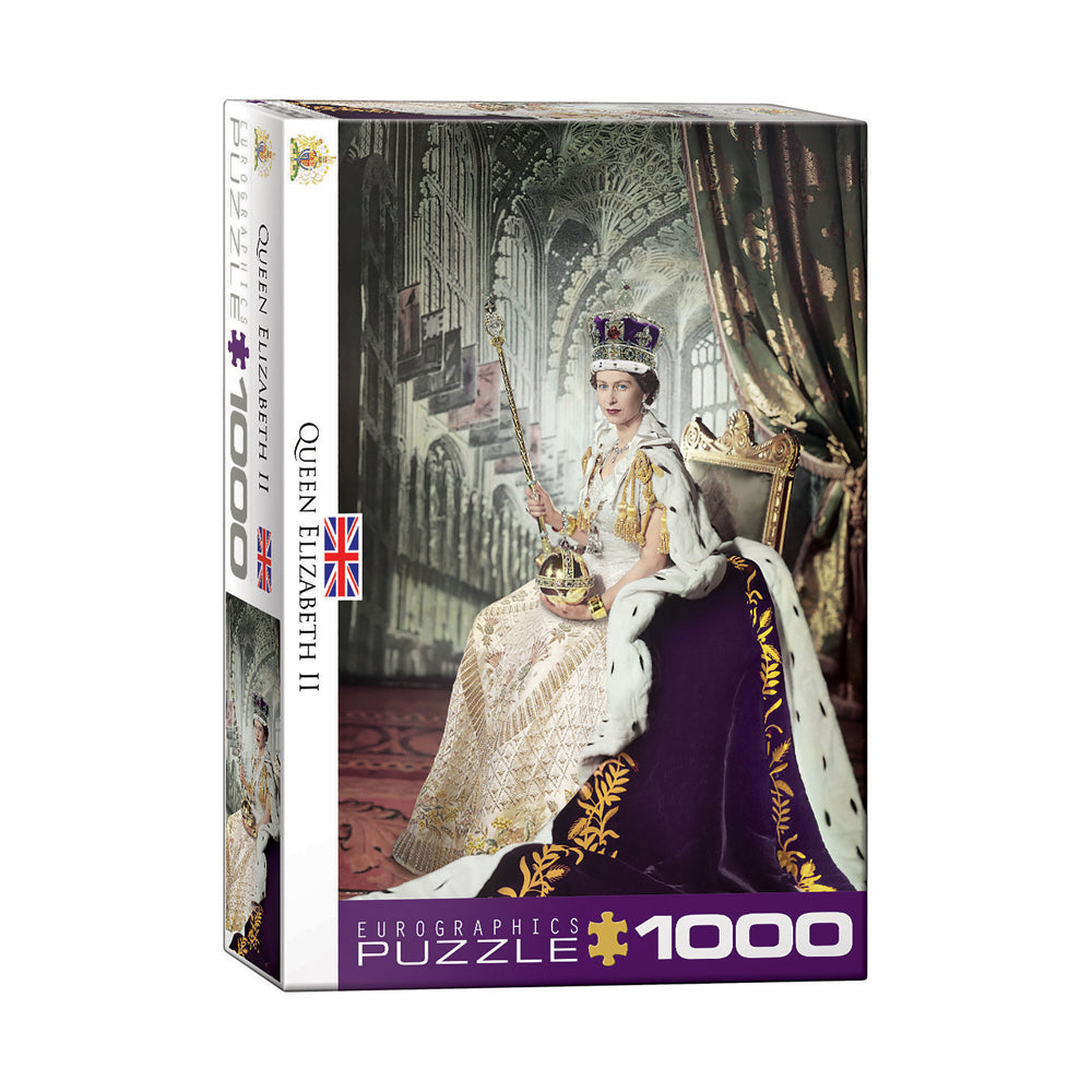Eurographics 1000-piece jigsaw puzzle box featuring Queen Elizabeth II in coronation regalia seated on throne in Westminster Abbey