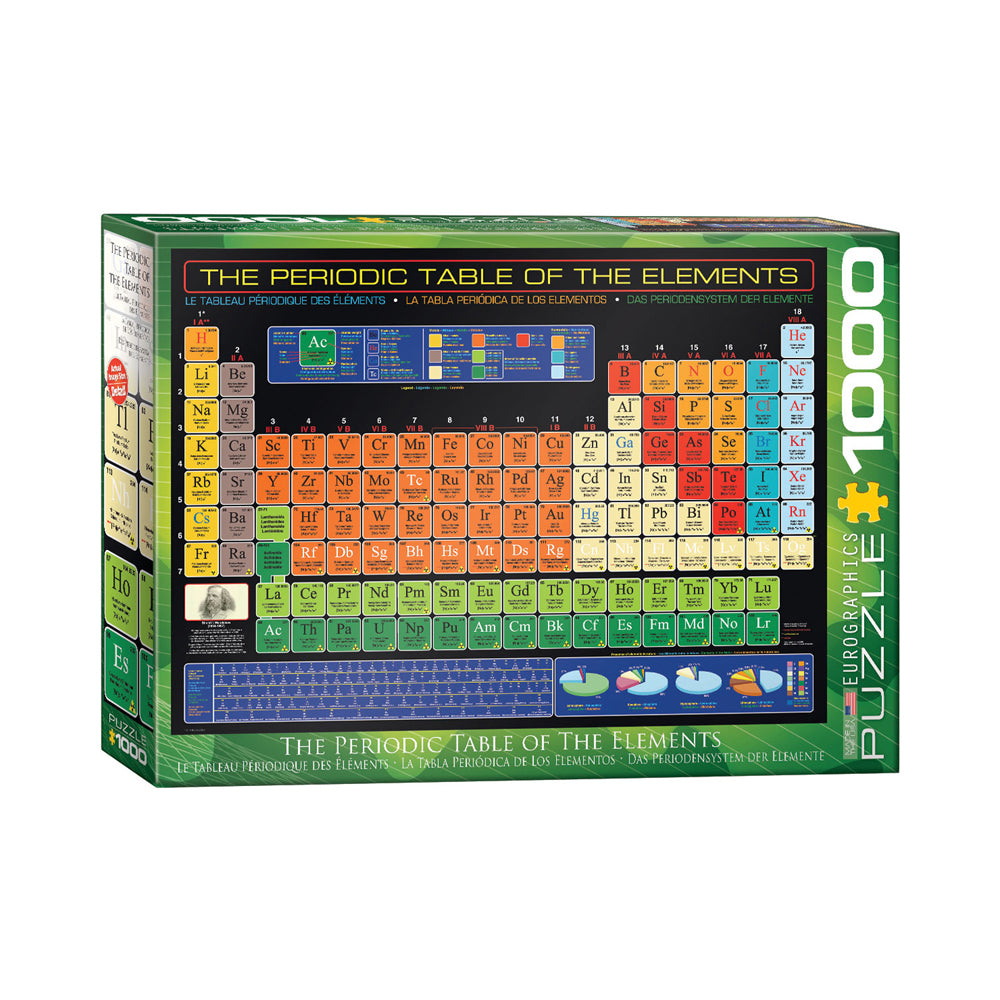 Periodic Table of the Elements 1000-piece jigsaw puzzle box showing colorful grid of chemical elements with symbols, atomic numbers, and educational diagrams on