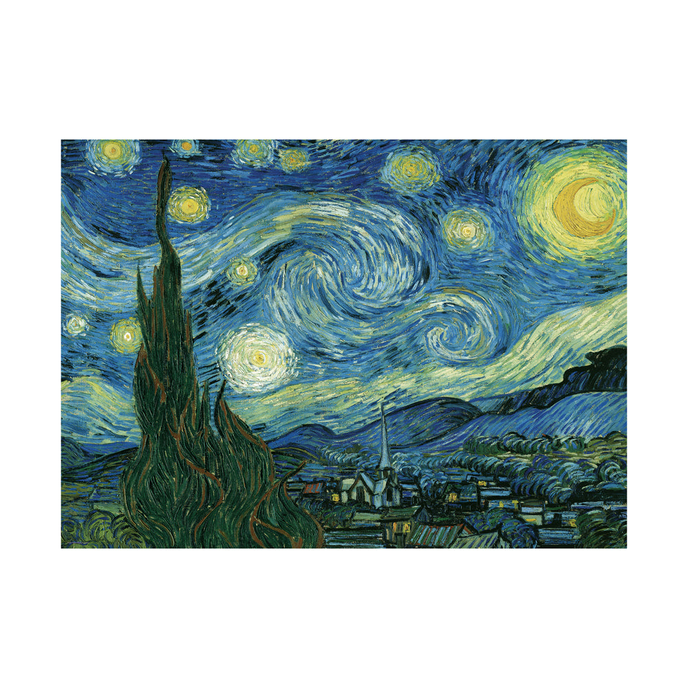 Eurographics Starry Night by Vincent Van Gogh Jigsaw Puzzle 1000 piece box art showing Van Gogh's famous painting with swirling blue sky, yellow stars, cypress