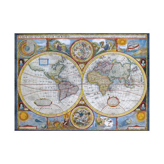 Educa Antique World Map 1000-piece jigsaw puzzle featuring a historic double-hemisphere world map with decorative border, celestial diagrams, and illustrated vi