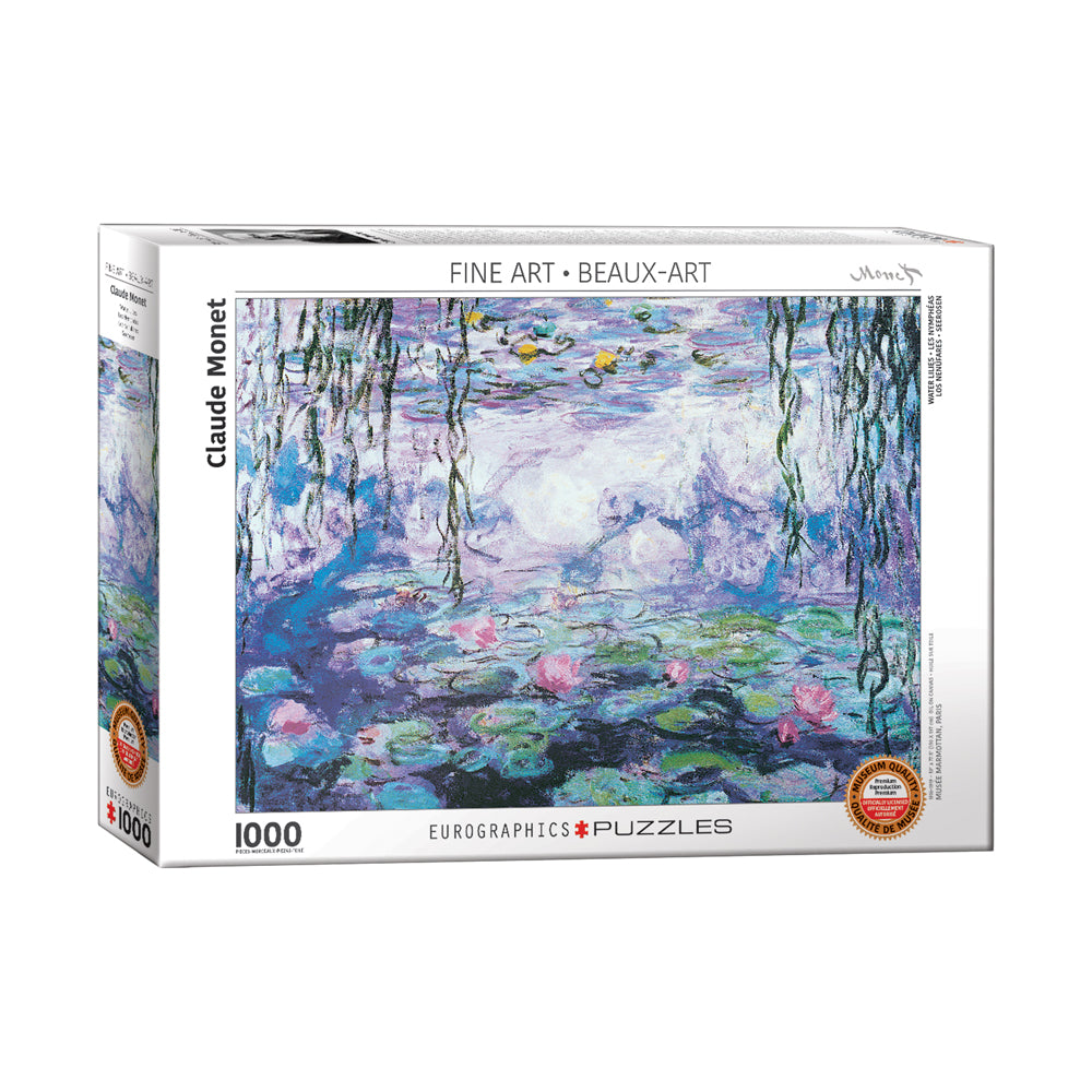 Claude Monet Water Lilies 1000-piece jigsaw puzzle box featuring impressionist painting of pond with pink water lilies, green lily pads, and hanging willow bran