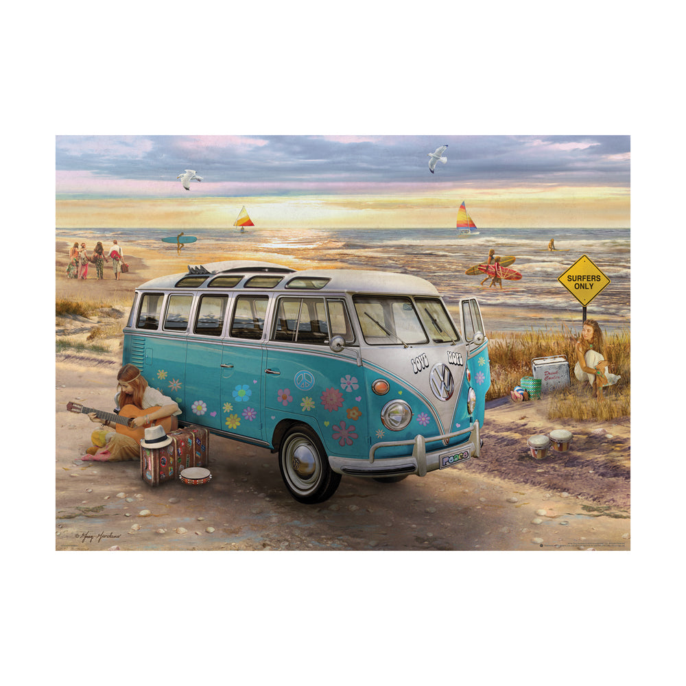 Vintage turquoise and white VW bus decorated with colorful flowers parked on a beach, with people playing guitar, children building sandcastles, surfers and sai