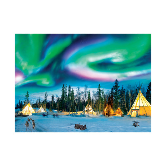 Northern Lights aurora borealis glowing green and purple above snowy landscape with illuminated teepees, evergreen forest, and people gathered on frozen ground