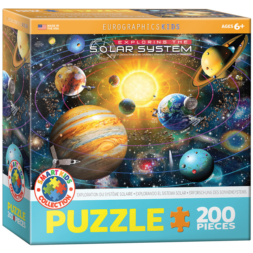 Eurographics Kids 200-piece jigsaw puzzle box featuring illustrated solar system with planets, sun, and orbits against starry space background