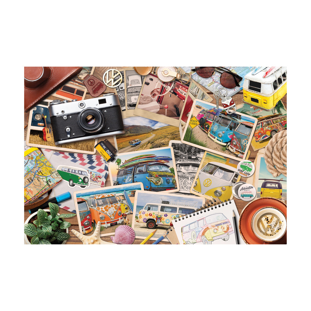 Flat lay of vintage travel-themed items including a black and white camera, colorful toy Volkswagen buses, printed photographs, maps, sunglasses, shells, a spir