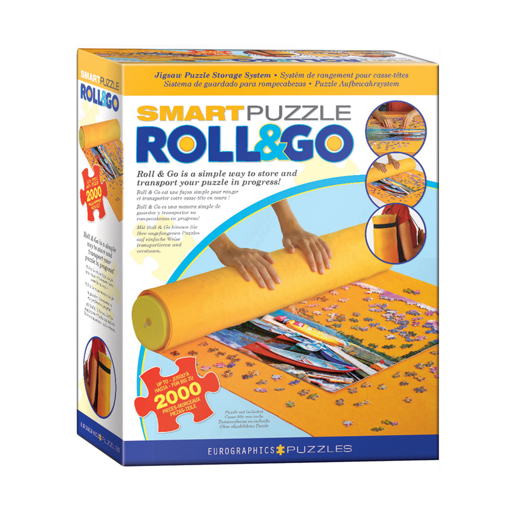 Smart Puzzle Roll & Go storage mat with yellow cylindrical roller and carrying straps, shown holding puzzle pieces and completed puzzle sections, Eurographics 2