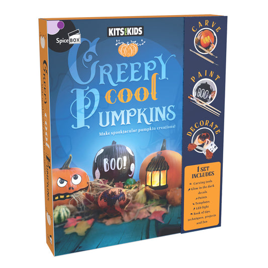 SpiceBox Creepy Cool Pumpkins carving and painting kit box featuring decorated pumpkins with glowing designs and spooky faces on blue background