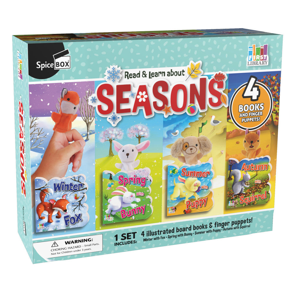 SpiceBox First Library Four Seasons box set containing 4 illustrated board books with finger puppets: Winter with Fox, Spring with Bunny, Summer with Puppy, and