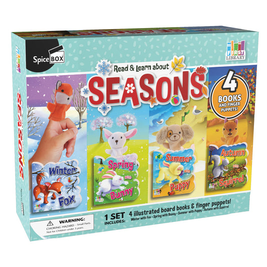 SpiceBox First Library Four Seasons box set containing 4 illustrated board books with finger puppets: Winter with Fox, Spring with Bunny, Summer with Puppy, and