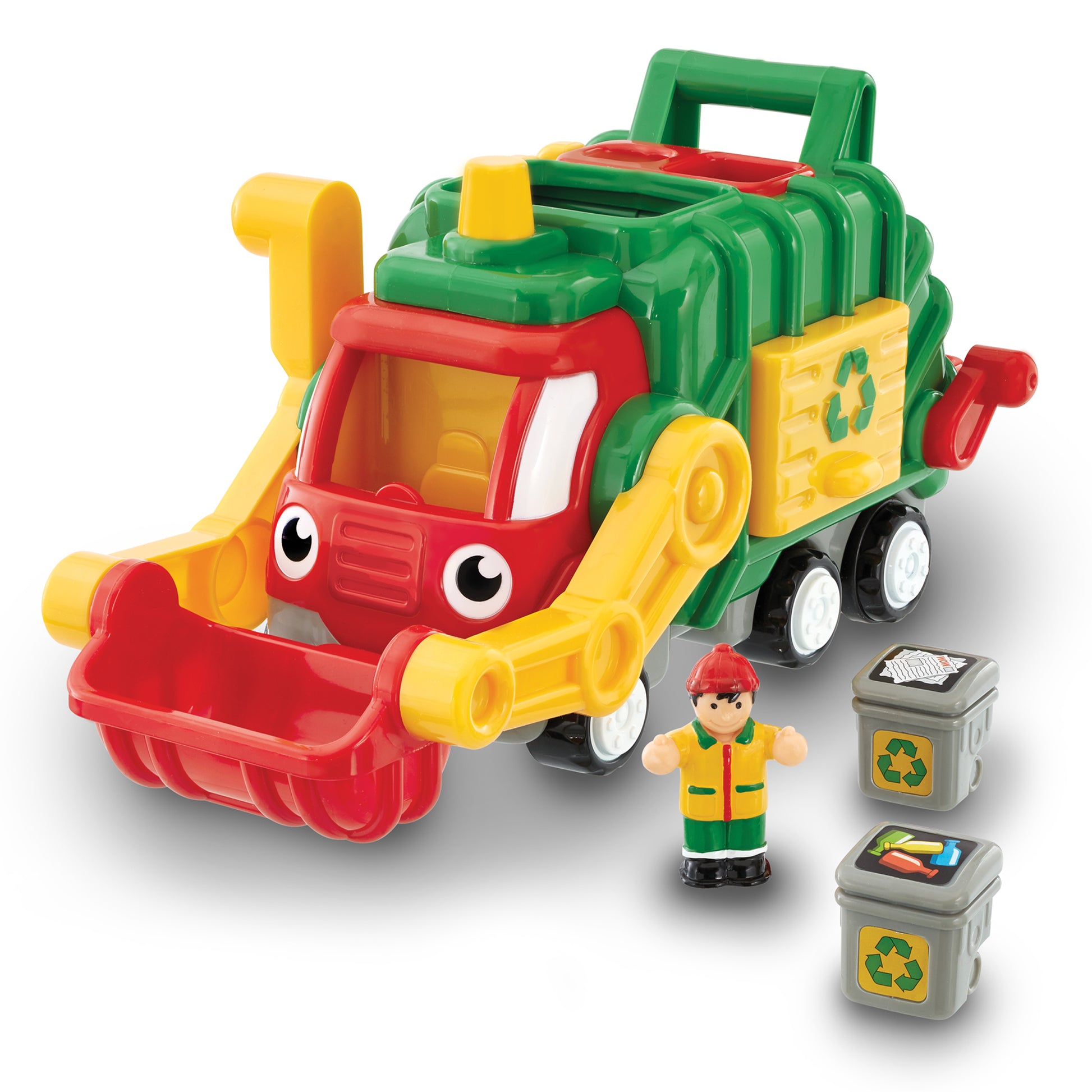 Red and yellow recycling truck toy with animated face, green cargo bed, yellow wheels, small figure in recycling worker outfit, and gray recycling bin accessori