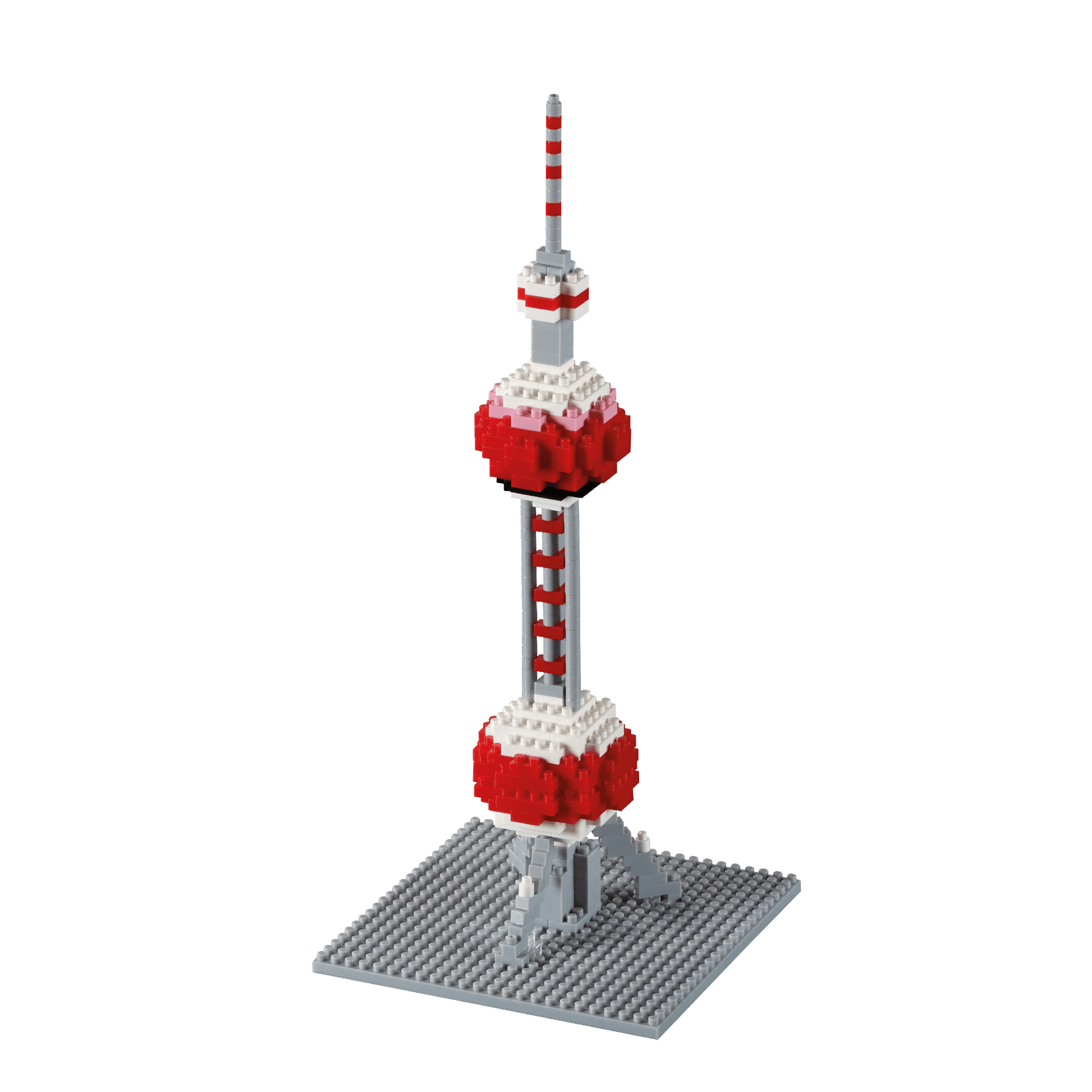 Pixel-art style building set model of a red and white tower with striped antenna on gray base plate