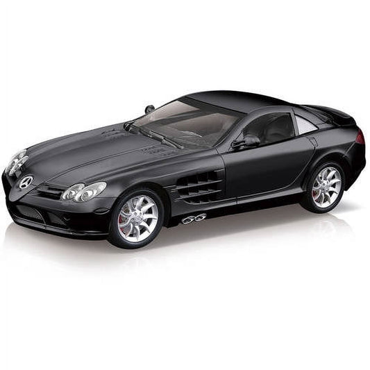 Black Mercedes-Benz SLR McLaren die-cast model car on white background, shown from side angle with chrome wheels