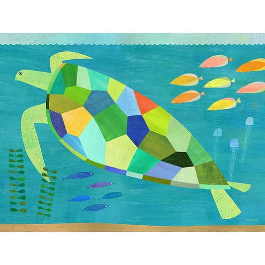 Colorful patchwork sea turtle with geometric shapes in greens, blues, and yellows swimming underwater with small fish and jellyfish