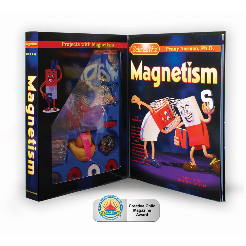 ScienceWiz Magnetism Exploration Kit box open showing educational materials and magnetic experiments inside, with cartoon characters and blue background