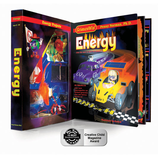 ScienceWiz Energy Exploration Kit box set showing colorful energy project experiments, solar-powered cars, and educational materials by Penny Norman Ph.D., ages