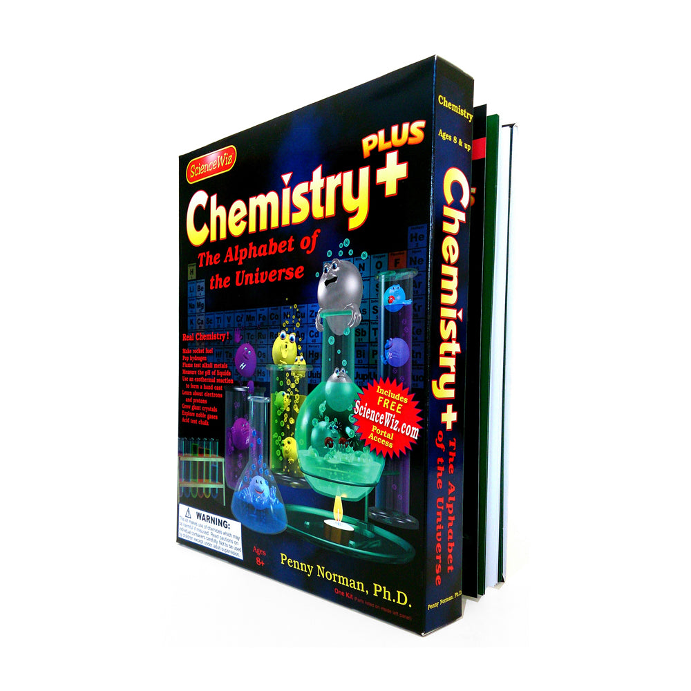 Chemistry Plus Exploration Kit box featuring colorful molecular structures, beakers, and periodic table elements on dark background with yellow and red text