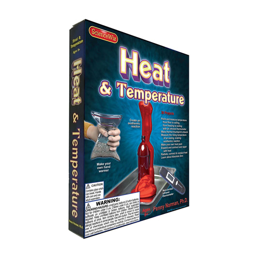 ScienceWiz Heat & Temperature Exploration Kit box showing hand warmer pouch, red infrared thermometer, and 30 experiments for learning about temperature and hea