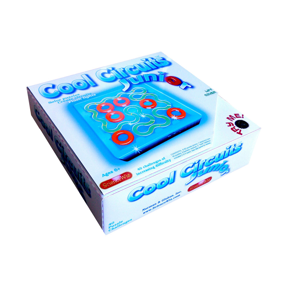Cool Circuits Junior game box showing blue illuminated puzzle board with red and blue pegs arranged in a circuit pattern
