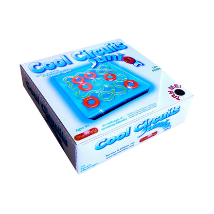 Cool Circuits Junior game box showing blue illuminated puzzle board with red and blue pegs arranged in a circuit pattern
