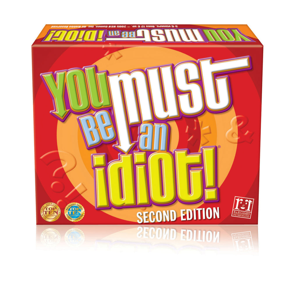 You Must Be an Idiot Second Edition board game box with red background, orange circle, and colorful text logo