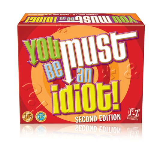 You Must Be an Idiot Second Edition board game box with red background, orange circle, and colorful text logo
