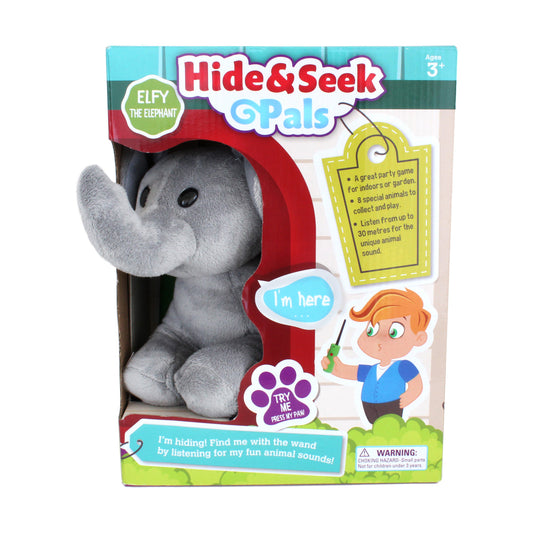 Hide & Seek Pals Elfy the Elephant plush toy in packaging, gray elephant with large ears, includes interactive wand and sound features for ages 3+
