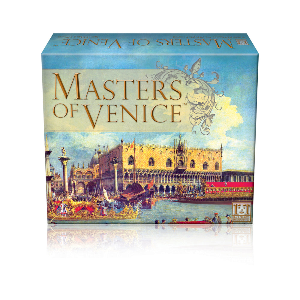 Masters of Venice board game box featuring ornate Venetian architecture, gondolas, and waterfront scene in gold and blue tones