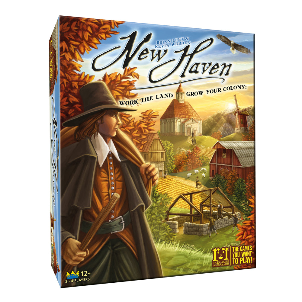 New Haven board game box featuring a colonial-era figure in a hat and coat holding a rifle, with a pastoral autumn landscape including a church, barn, windmill,