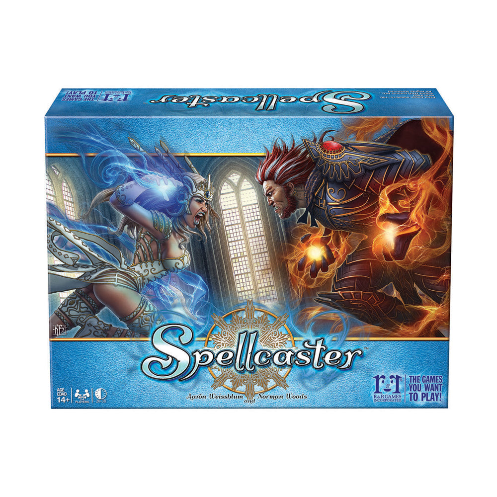 Spellcaster board game box featuring two fantasy mages casting blue lightning and orange fire magic across from each other in an ornate stone chamber